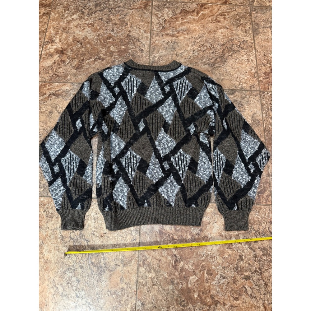 Vintage Le Tigre Mens Medium Brown Geometric Diamond Knit Sweater Made in USA